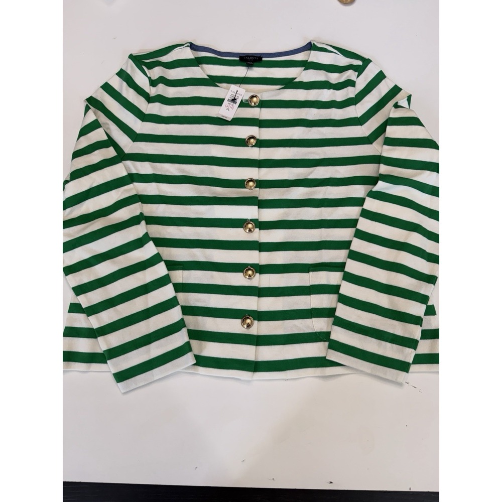 Talbots Petite LP Cardigan Sweater Green White Stripe Gold Buttons NWT. 5309
